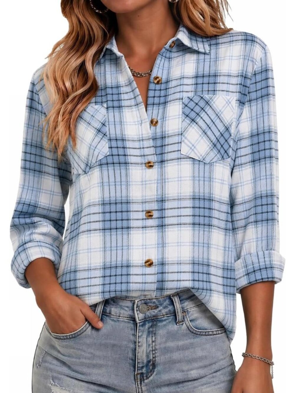 Women's Blue White Plaid Long Sleeve Button Down Imported Tops Work Blouse